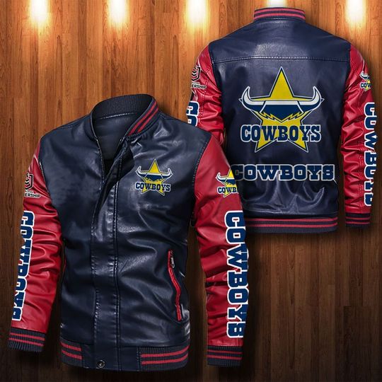 NRL North Queensland Cowboys Navy Blue Red Leather Bomber Jacket NRL North Queensland Cowboys Navy Blue Red Leather Bomber Jacket