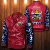 NRL North Queensland Cowboys Red Navy Blue Leather Bomber Jacket