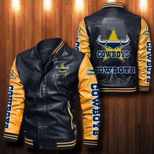 NRL North Queensland Cowboys Black Yellow Leather Bomber Jacket NRL North Queensland Cowboys Black Yellow Leather Bomber Jacket