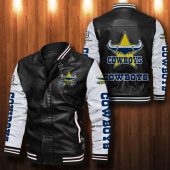NRL North Queensland Cowboys Black White Leather Bomber Jacket