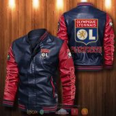 Olympique Lyon Dark Blue Red Leather Bomber Jacket