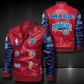 NBA Orlando Magic Red Navy Leather Bomber Jacket