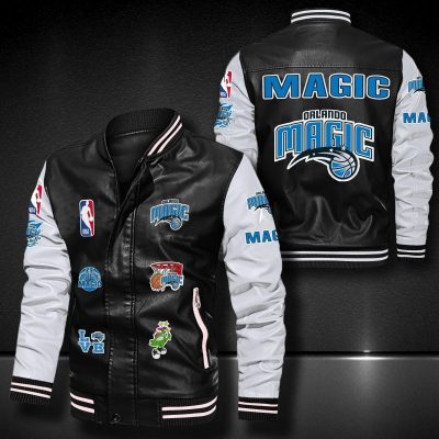 NBA Orlando Magic Black White Logo Team Leather Bomber Jacket