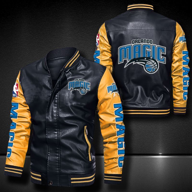 NBA Orlando Magic Black Yellow Leather Bomber Jacket NBA Orlando Magic Black Yellow Leather Bomber Jacket