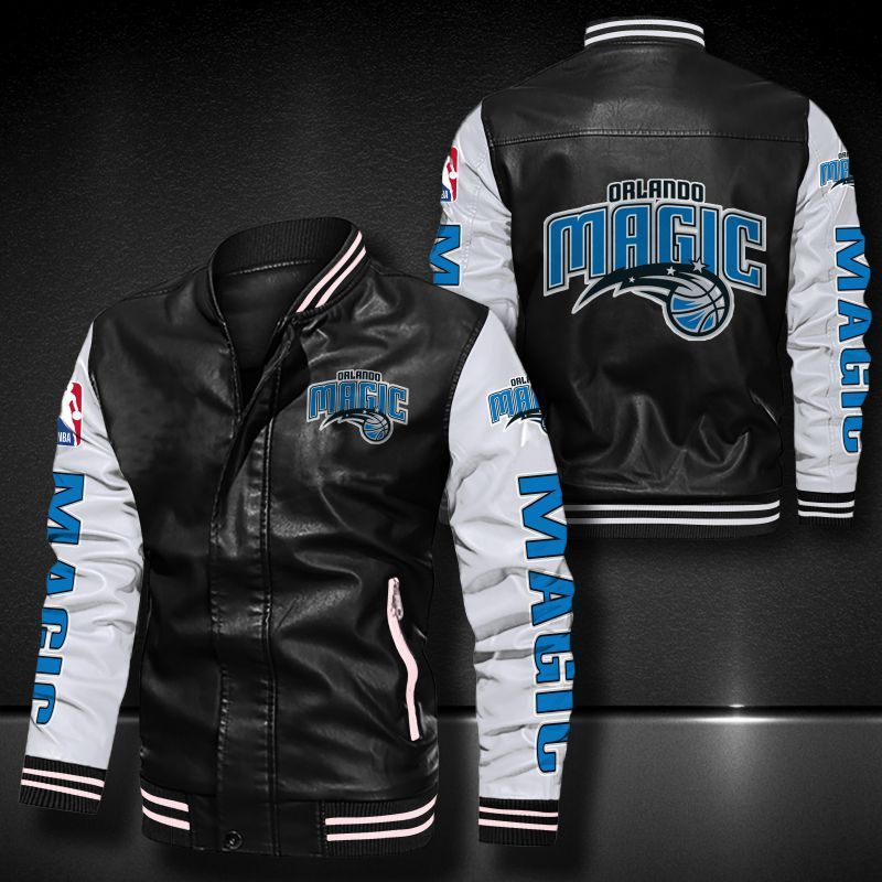 NBA Orlando Magic Black White Leather Bomber Jacket NBA Orlando Magic Black White Leather Bomber Jacket