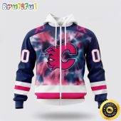 Personalized NHL Calgary Flames All Over Print Zip Hoodie 3D Special Pink October Fight Breast Cancer Gift For Man And Women