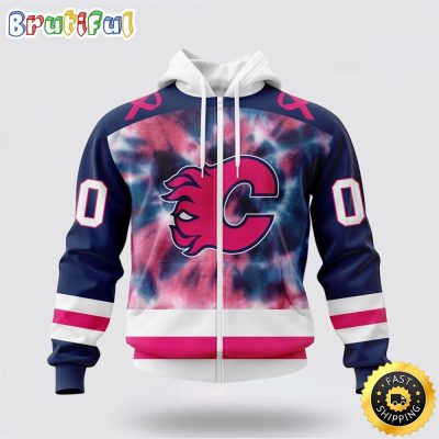 Personalized NHL Calgary Flames All Over Print Zip Hoodie 3D Special Pink October Fight Breast Cancer Gift For Man And Women