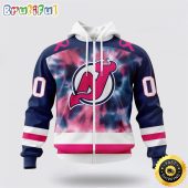 Personalized NHL New Jersey Devils All Over Print Zip Hoodie 3D Special Pink October Fight Breast Cancer Gift For Man And Women