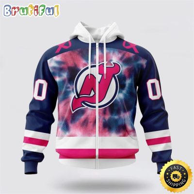 Personalized NHL New Jersey Devils All Over Print Zip Hoodie 3D Special Pink October Fight Breast Cancer Gift For Man And Women