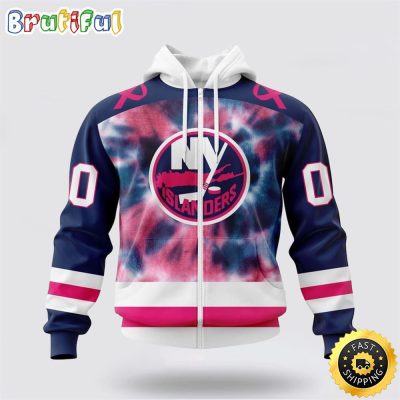 Personalized NHL New York Islanders All Over Print Zip Hoodie 3D Special Pink October Fight Breast Cancer Gift For Man And Women