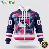 Personalized NHL New York Rangers All Over Print Zip Hoodie 3D Special Pink October Fight Breast Cancer Gift For Man And Women