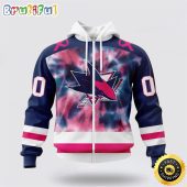 Personalized NHL San Jose Sharks All Over Print Zip Hoodie 3D Special Pink October Fight Breast Cancer Gift For Man And Women