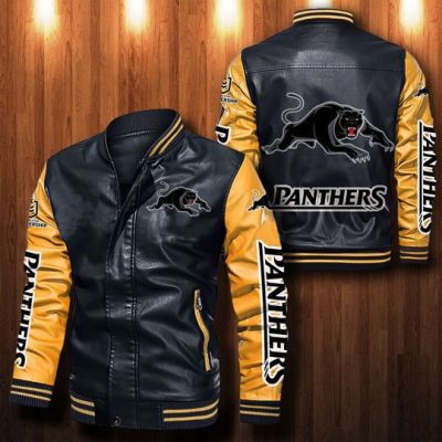 NRL Penrith Panthers Black Yellow Leather Bomber Jacket