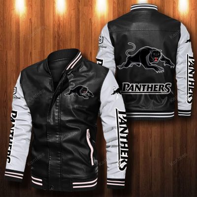 NRL Penrith Panthers Black White Leather Bomber Jacket