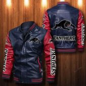 NRL Penrith Panthers Navy Blue Red Leather Bomber Jacket