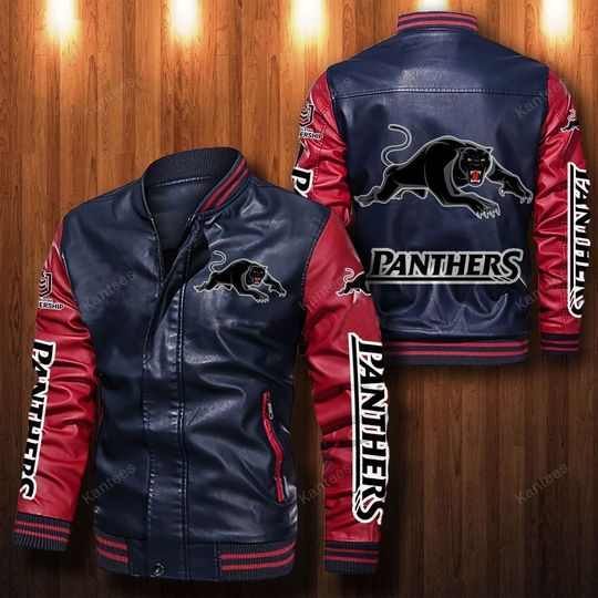 NRL Penrith Panthers Navy Blue Red Leather Bomber Jacket NRL Penrith Panthers Navy Blue Red Leather Bomber Jacket