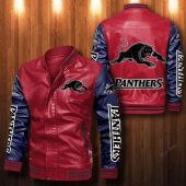 NRL Penrith Panthers Red Navy Blue Leather Bomber Jacket