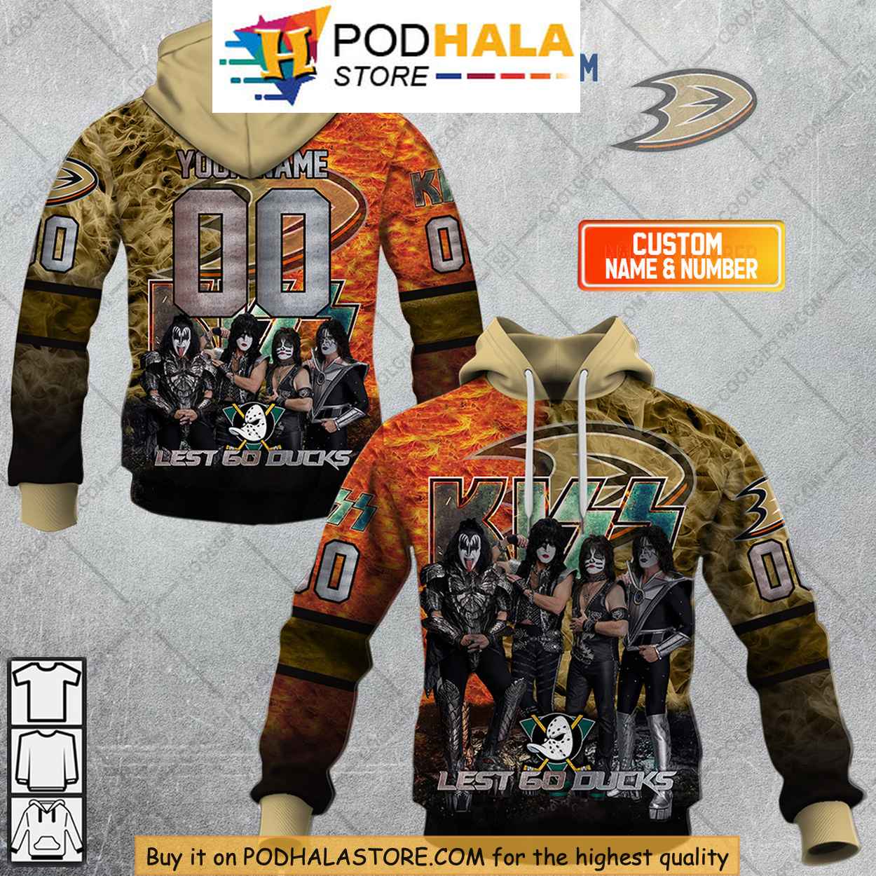 Personalized Anaheim Ducks KISS Band 3D Hoodie Custom Name and Number Personalized Anaheim Ducks KISS Band 3D Hoodie Custom Name and Number