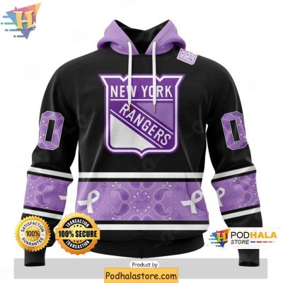 Personalized New York Rangers 3D Hoodie with Lavender Cancer Awareness Design