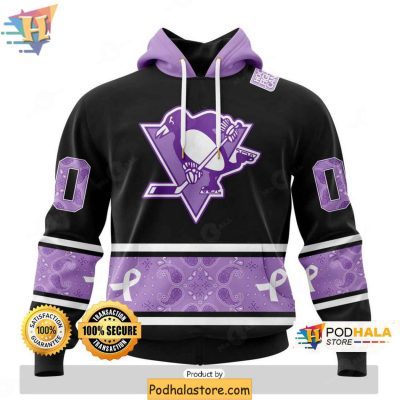 Personalized Pittsburgh Penguins 3D Hoodie Black Lavender Cancer Awareness