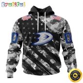 Personalized NHL Anaheim Ducks All Over Print 3D Hoodie Grey Camo Military Design And USA Flags On Shoulder Unisex Hoodie
