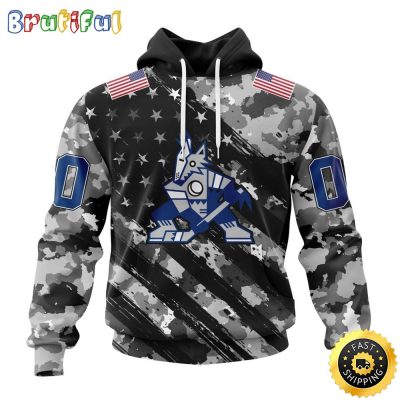 Personalized NHL Arizona Coyotes All Over Print 3D Hoodie Grey Camo Military Design And USA Flags On Shoulder Unisex Hoodie