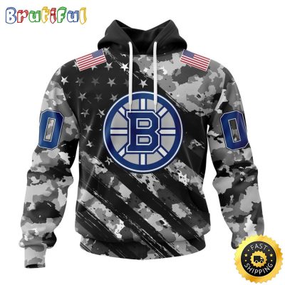 Personalized NHL Boston Bruins All Over Print 3D Hoodie Grey Camo Military Design And USA Flags On Shoulder Unisex Hoodie