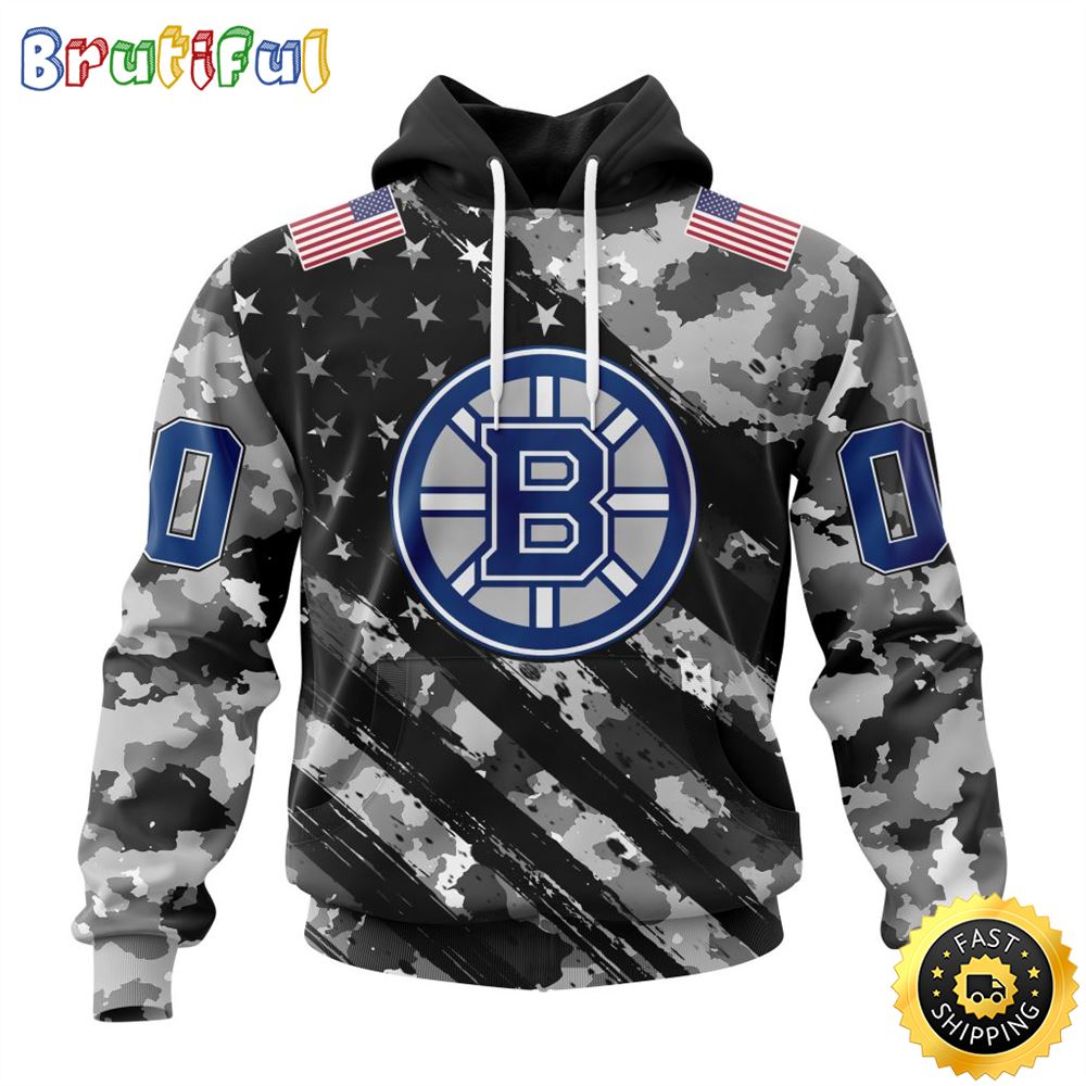 Personalized NHL Boston Bruins All Over Print 3D Hoodie Grey Camo Military Design And USA Flags On Shoulder Unisex Hoodie