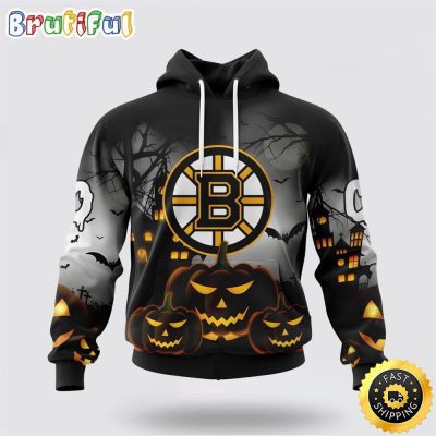 Personalized NHL Boston Bruins All Over Print 3D Hoodie Special Design Pumpkins For Halloween