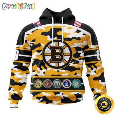 Personalized NHL Boston Bruins With Camo Team Color And Military Force Logo All Over Print 3D Hoodie Unisex Hoodie Tshirt Sweatshirt