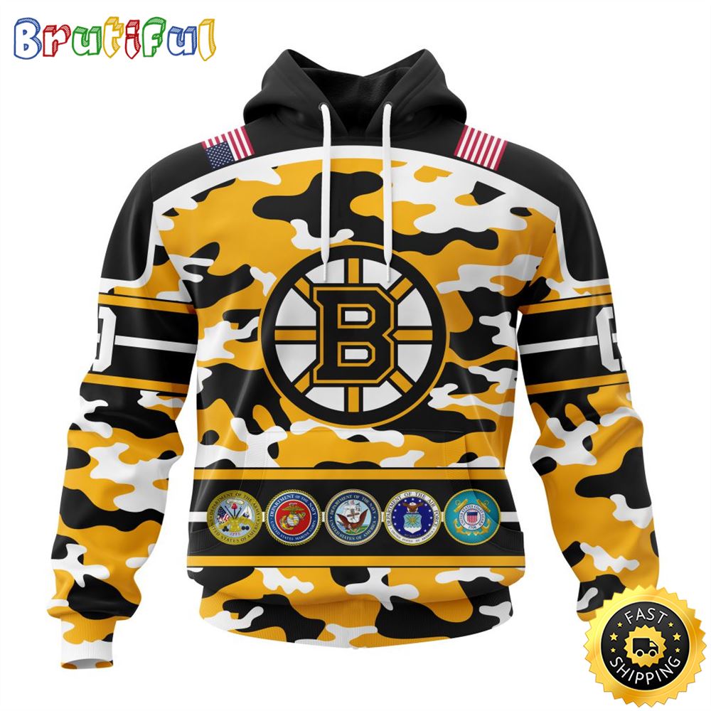 Personalized NHL Boston Bruins With Camo Team Color And Military Force Logo All Over Print 3D Hoodie Unisex Hoodie Tshirt Sweatshirt