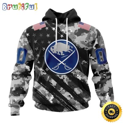 Personalized NHL Buffalo Sabres All Over Print 3D Hoodie Grey Camo Military Design And USA Flags On Shoulder Unisex Hoodie