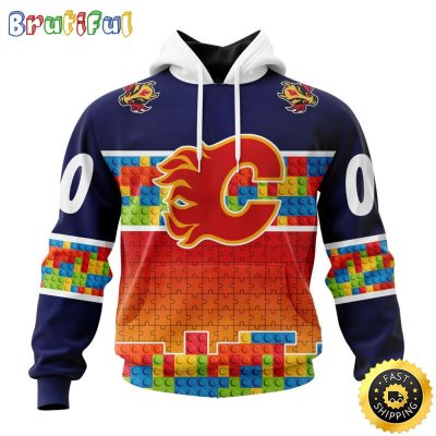Personalized NHL Calgary Flames All Over Print 3D Hoodie Autism Awareness Design Unisex Hoodie