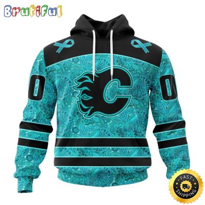 Personalized NHL Calgary Flames All Over Print 3D Hoodie Special Design Fight Ovarian Cancer Gift For Football Fans