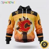 Personalized NHL Calgary Flames All Over Print 3D Hoodie Special Zombie Design For Halloween