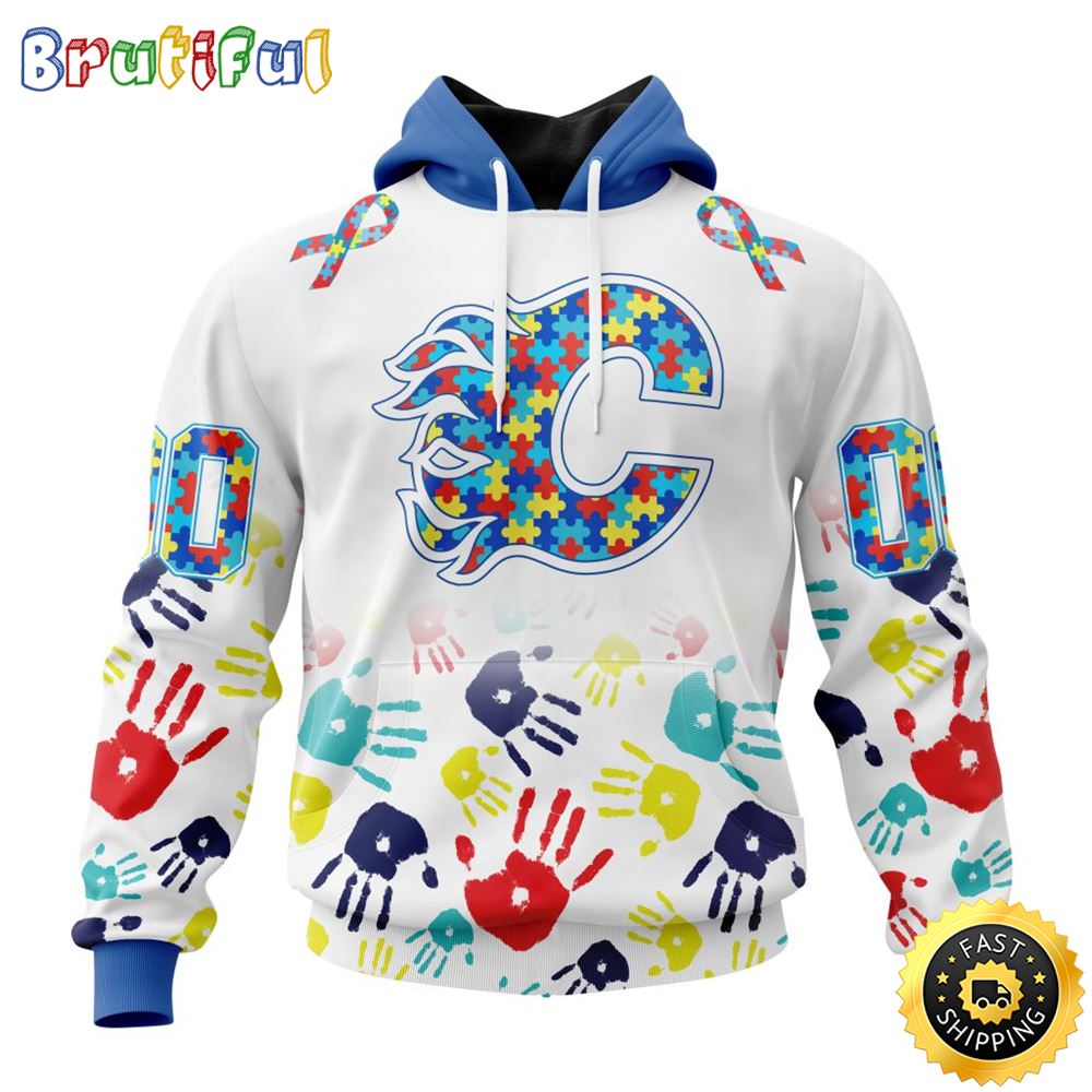 Personalized NHL Calgary Flames Autism Awareness Hands Design All Over Print 3D Hoodie Unisex Hoodie