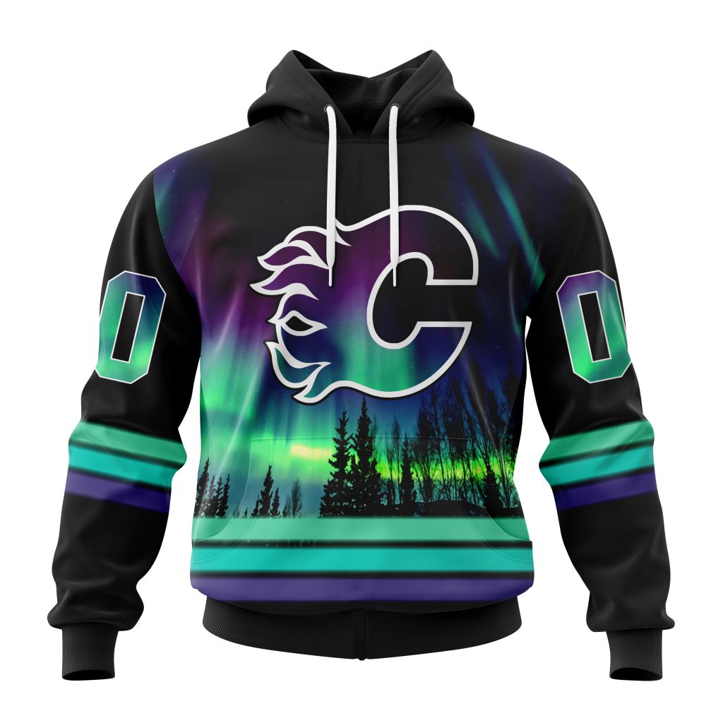 Personalized NHL Calgary Flames Hoodie Special Design With Northern Lights All Over Print 3D Hoodie Unisex