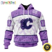 Personalized NHL Calgary Flames Special Lavender Hockey Fights Cancer All Over Print 3D Hoodie Unisex Hoodie Tshirt Sweatshirt