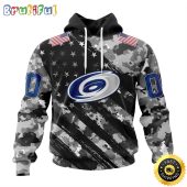 Personalized NHL Carolina Hurricanes All Over Print 3D Hoodie Grey Camo Military Design And USA Flags On Shoulder Unisex Hoodie