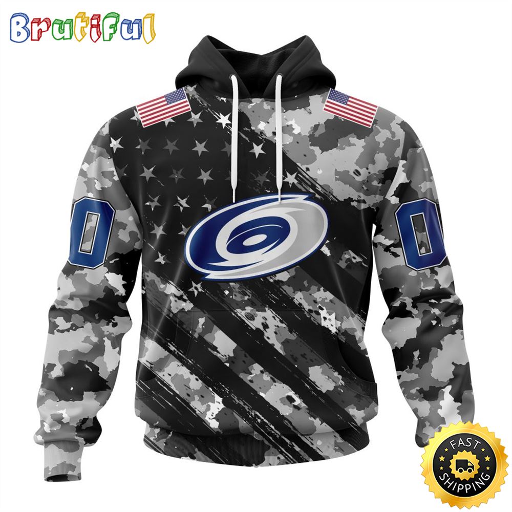 Personalized NHL Carolina Hurricanes All Over Print 3D Hoodie Grey Camo Military Design And USA Flags On Shoulder Unisex Hoodie