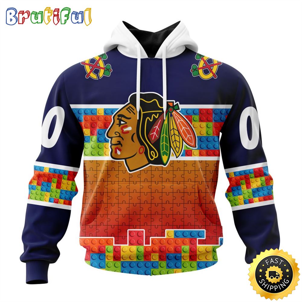 Personalized NHL Chicago Blackhawks All Over Print 3D Hoodie Autism Awareness Design Unisex Hoodie