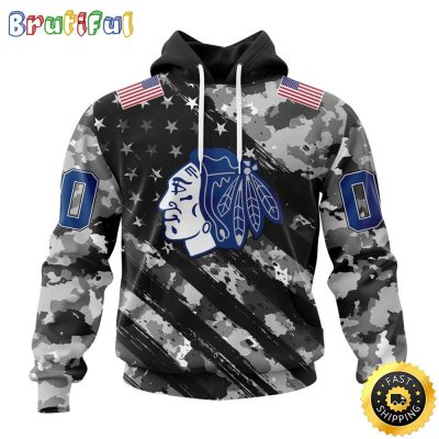 Personalized NHL Chicago Blackhawks All Over Print 3D Hoodie Grey Camo Military Design And USA Flags On Shoulder Unisex Hoodie