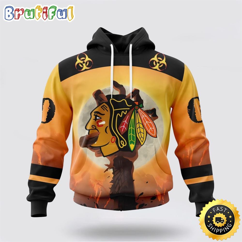 Personalized NHL Chicago Blackhawks All Over Print 3D Hoodie Special Zombie Design For Halloween
