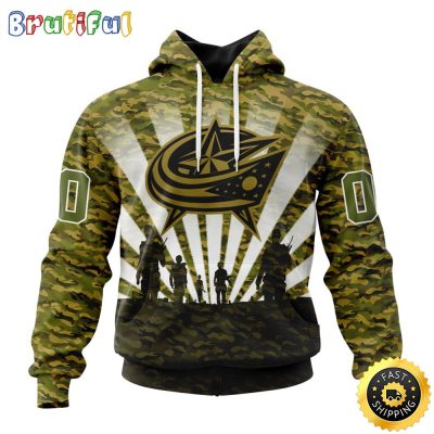Personalized NHL Columbus Blue Jackets All Over Print 3D Hoodie Military Camo Kits For Veterans Day And Rememberance Day
