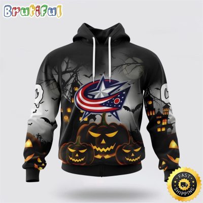 Personalized NHL Columbus Blue Jackets All Over Print 3D Hoodie Special Design Pumpkins For Halloween
