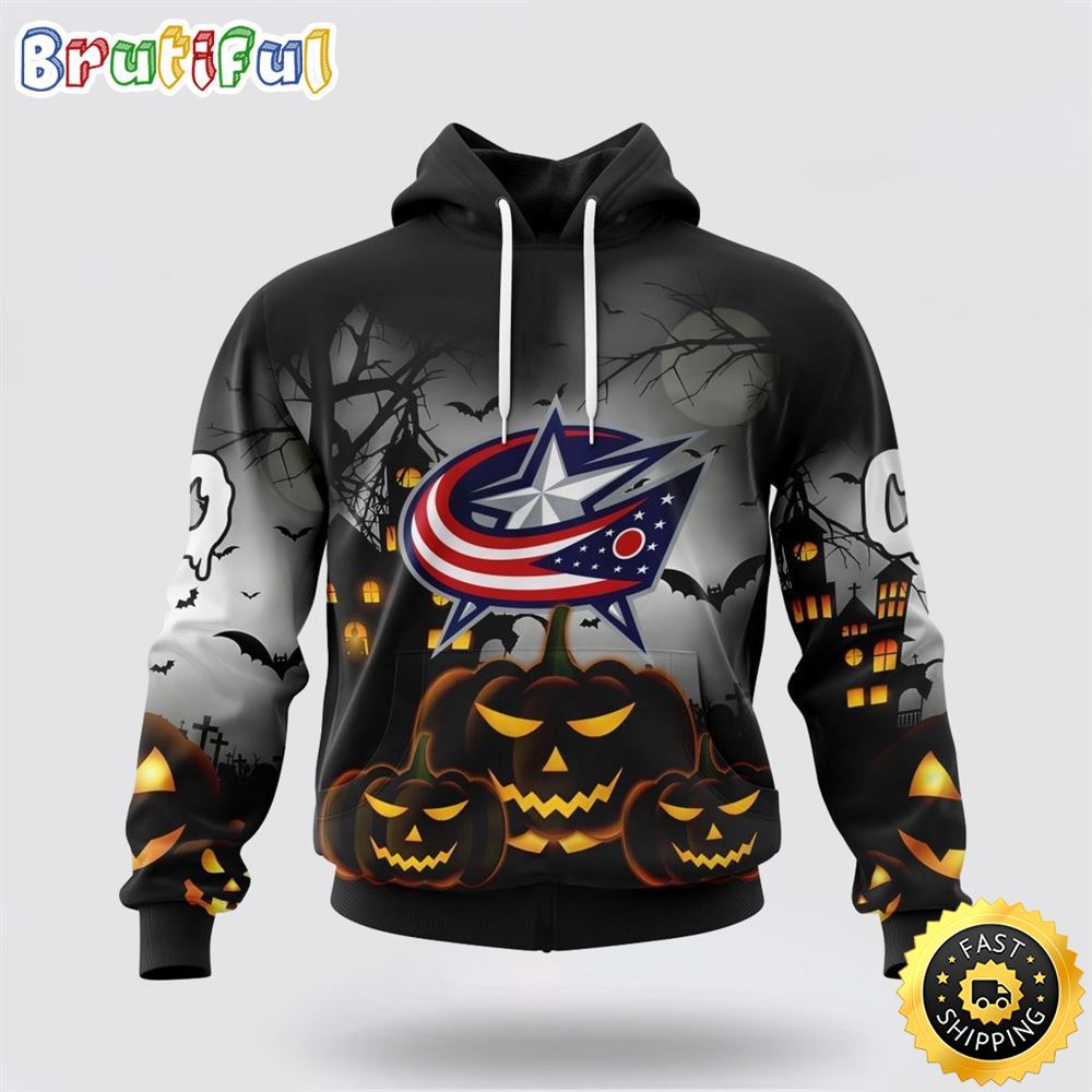 Personalized NHL Columbus Blue Jackets All Over Print 3D Hoodie Special Design Pumpkins For Halloween
