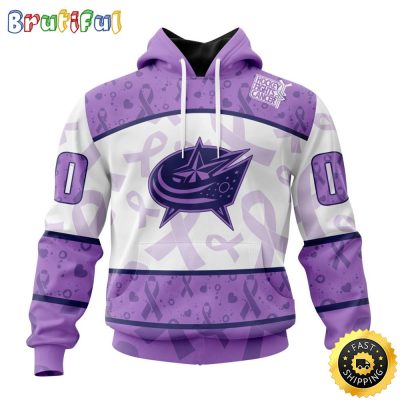 Personalized NHL Columbus Blue Jackets Special Lavender Hockey Fights Cancer All Over Print 3D Hoodie Unisex Hoodie Tshirt Sweatshirt