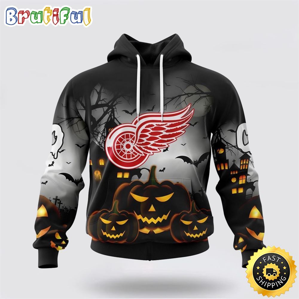 Personalized NHL Detroit Red Wings All Over Print 3D Hoodie Special Design Pumpkins For Halloween