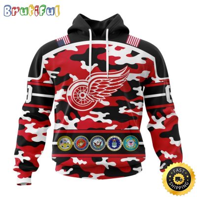 Personalized NHL Detroit Red Wings With Camo Team Color And Military Force Logo All Over Print 3D Hoodie Unisex Hoodie Tshirt Sweatshirt