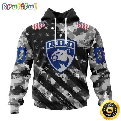 Personalized NHL Florida Panthers All Over Print 3D Hoodie Grey Camo Military Design And USA Flags On Shoulder Unisex Hoodie